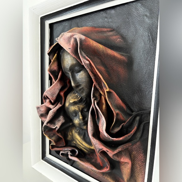 Vintage Framed Leather Madonna & Child Wall Art Sculptural Relief 18.25”x14.25” - Picture 3 of 5